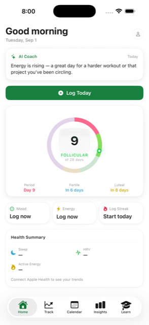 Easeful home screen showing cycle day 10, follicular phase, and today's coaching card.