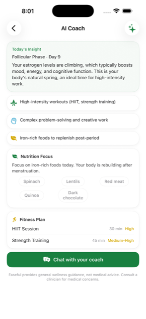 AI coach screen with phase-specific guidance.