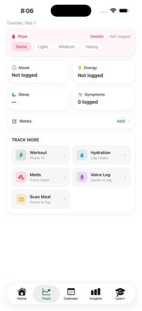 Tracking screen for flow, symptoms, mood and energy.