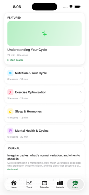 Learn tab with lessons on cycle phases and nutrition.